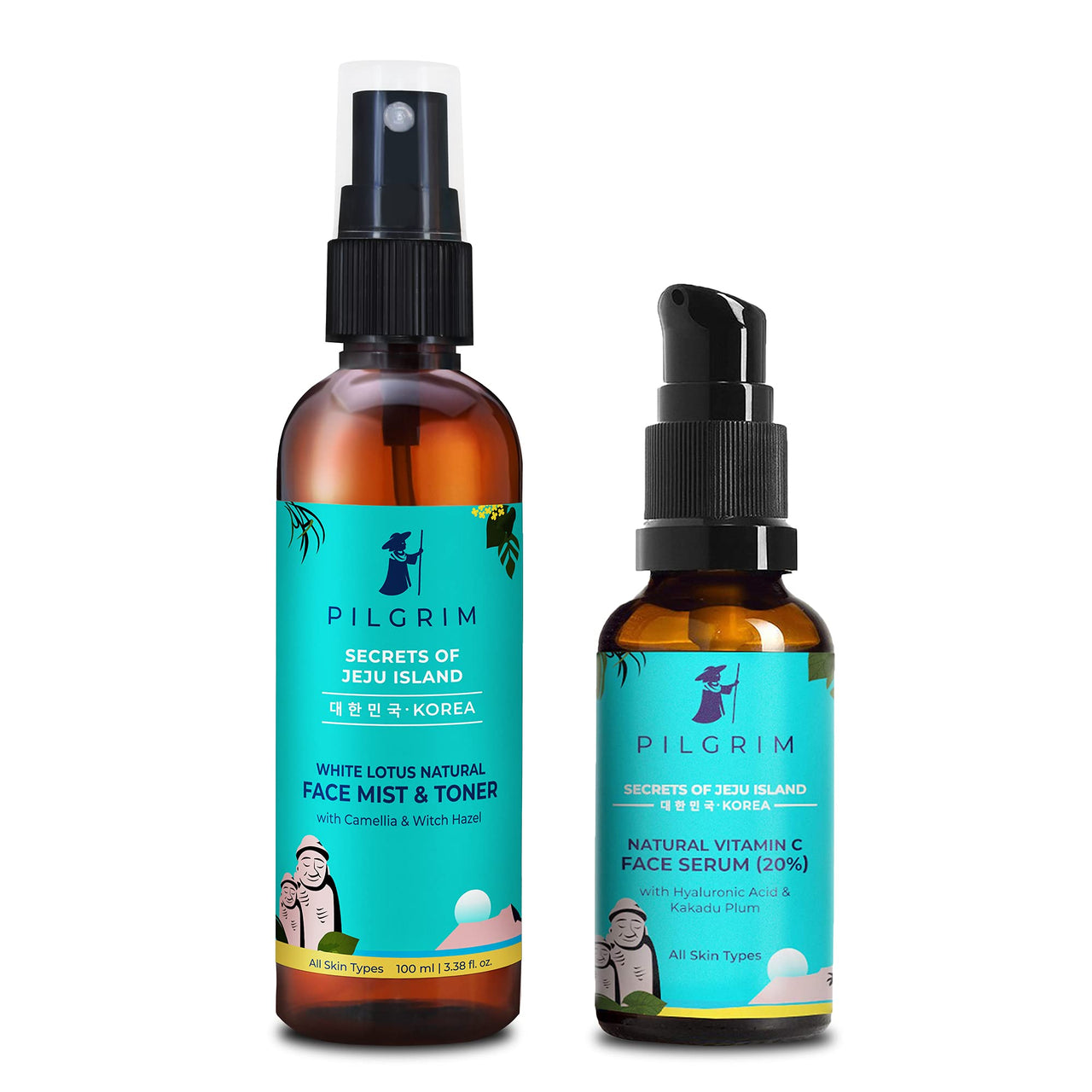 Pilgrim Korean Beauty Skin Glow Combo Pack | Natural VItamin C 20% Serum 30ml + Hydrating Face Mist & Toner 100ml | Discover Youthful & Glowing Skin | For Men & Women