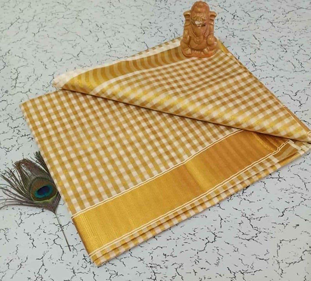 YETTALAN® Women's  Cotton Saree Kerala Traditional Kasavu Saree with Running Blouse (Small Checked)