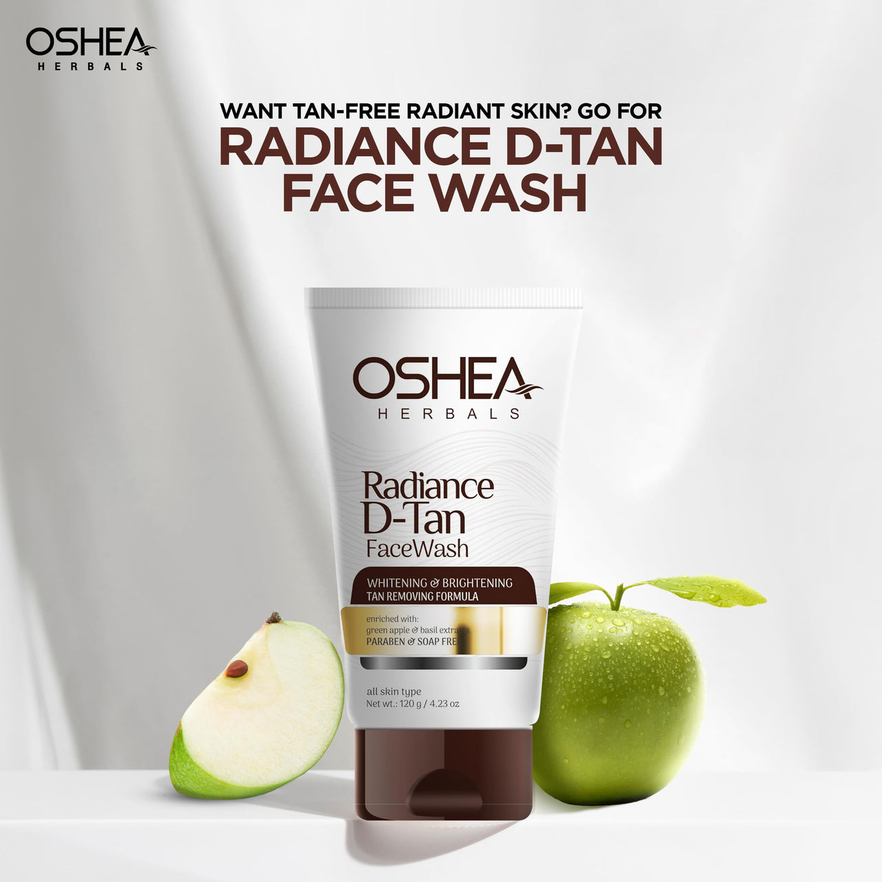 Oshea Herbals Radiance DTan Facewash for All Skin Types | Tan Removal Formula with Whitening & Brightening | Enriched with Green Apple & Basil Extract | Paraben &Soap Free 120g