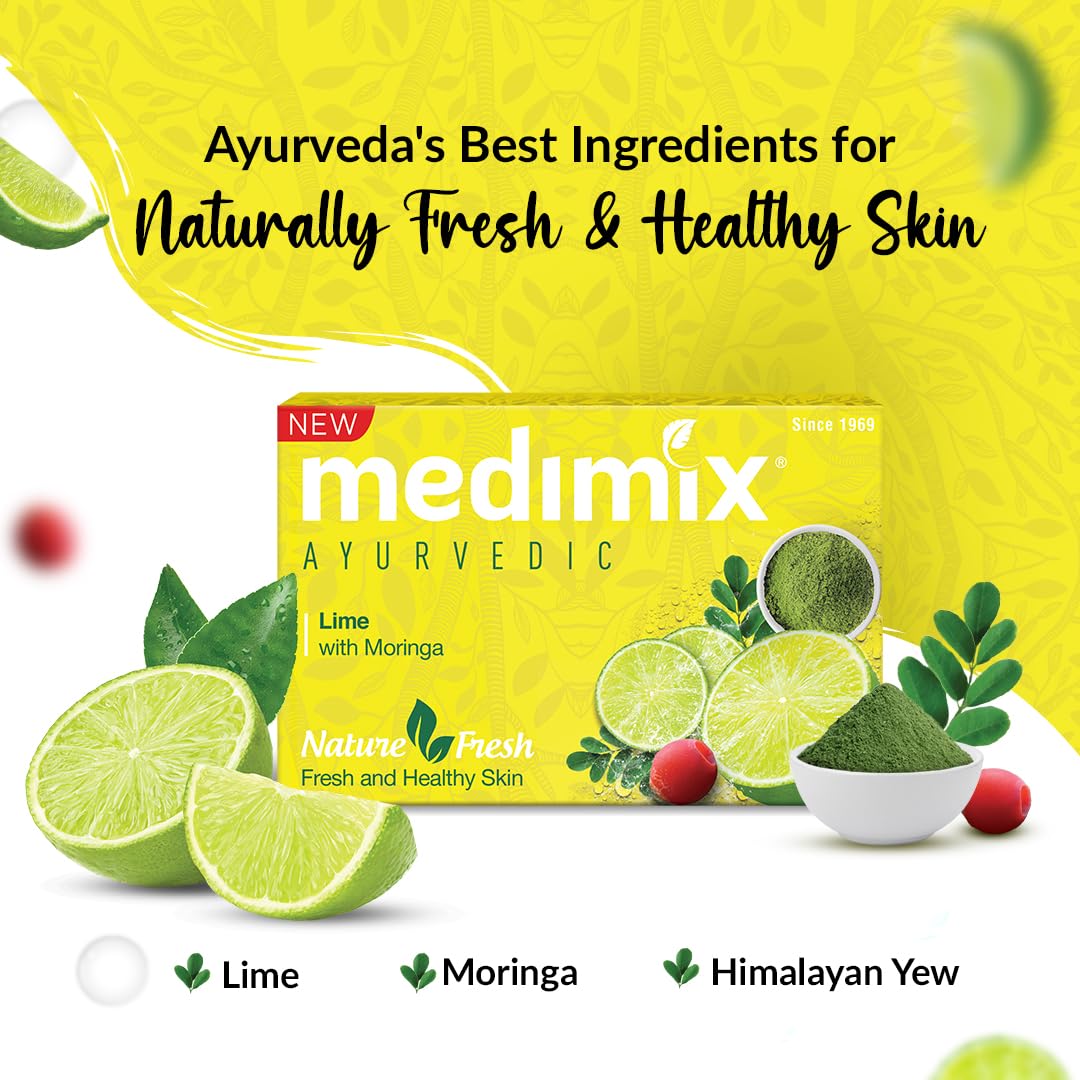 Medimix Ayurvedic Lime with Moringa Bathing Bar Soap 125g (Buy 4, Get 1 Extra Combo Pack) | Refreshed & Nourished Skin | Shop Herbal | Natural | Paraben-free & Sulphate-free | 100% Vegan