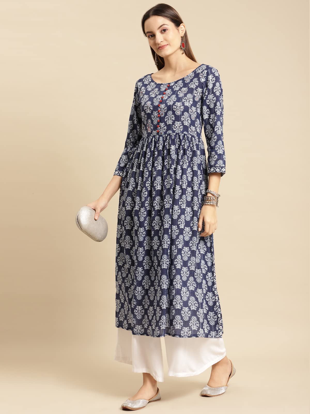 rangita Women 100% Cotton Blue Indigo Printed Calf Length Kurti Gathered at Waist