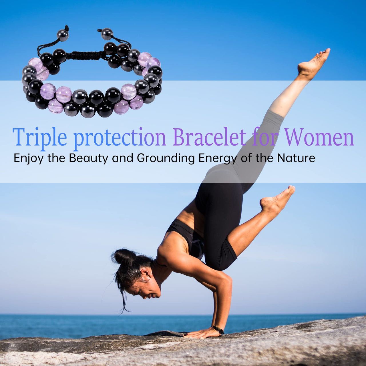 Triple Protection Bracelet for Women, Genuine Premium Healing Crystal Bracelet Amethyst Obsidian Hematite 8mm for Protection and Balance Bringing Good Luck Prosperity Happiness amethyst Triple Bracelet
