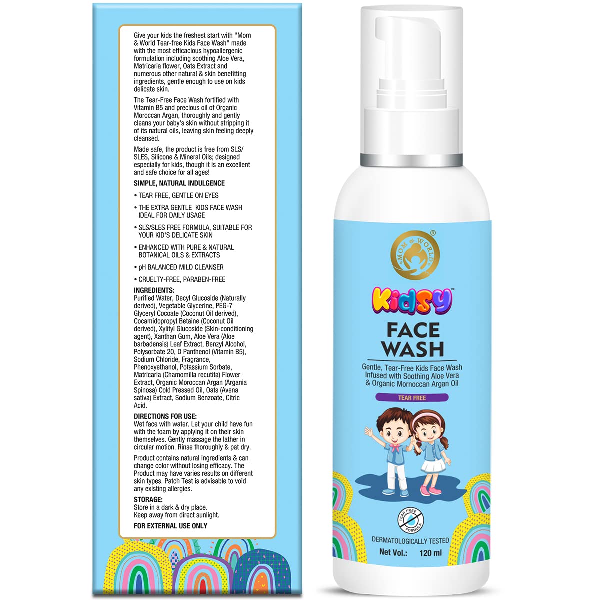 Mom & World Kidsy Face Wash Tear Free, 120ml (No SLS, Paraben) - With Argan OIl, Aloevera