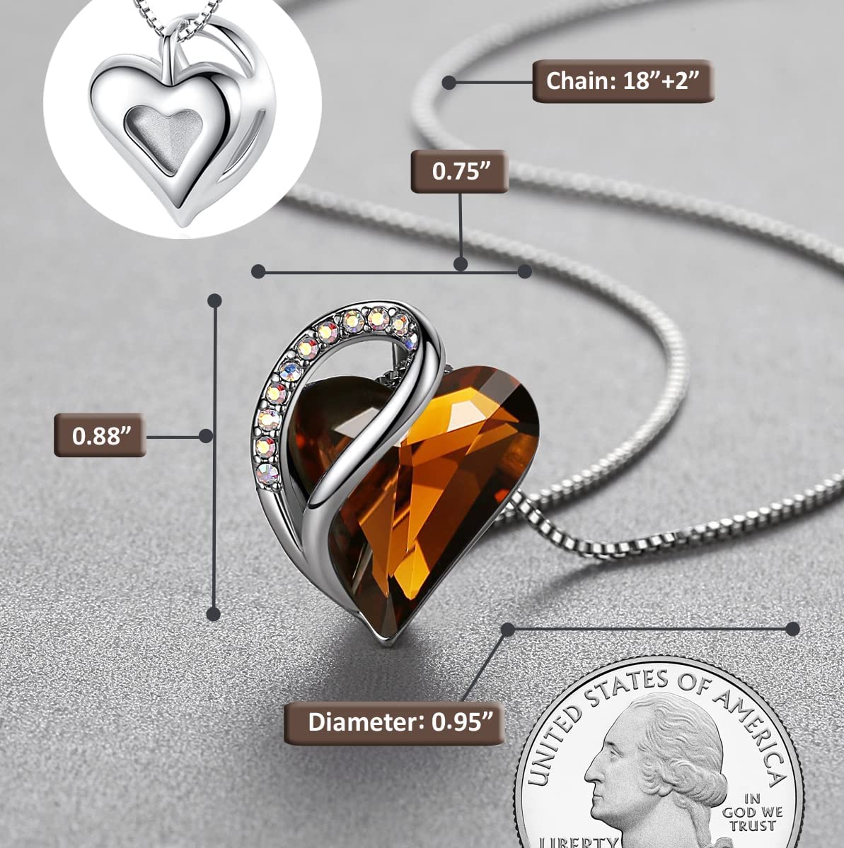Leafael Women’s Silver Plated Infinity Love Heart Pendant Necklace with Birthstone Crystals, Jewelry Gifts for Her, 18 + 2 inch Chain, Anniversary Birthday Mother's  Necklaces for Wife Mom Girlfriend 15-Stress Relief-Dark Topaz Brown