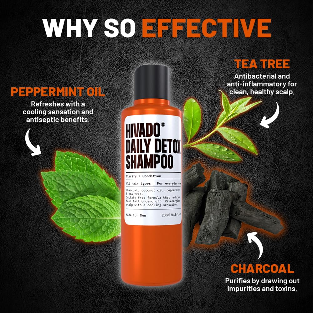 Hivado Daily Detox Shampoo for Men - Anti-Dandruff, Itchy & Flaky Scalp Relief - Fights Build-Up, Dirt, Oil, Hard Water - Tea Tree, Charcoal, Peppermint & Coconut Oil - Sulfate-Free, 250ml