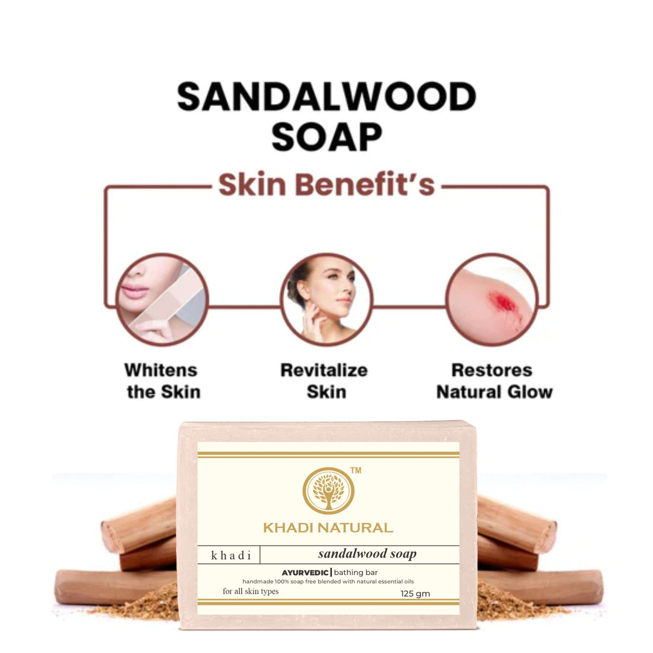 Khadi Natural Ayurvedic handmade bath soap 125g Each SANDALWOOD Soaps Pack of 6