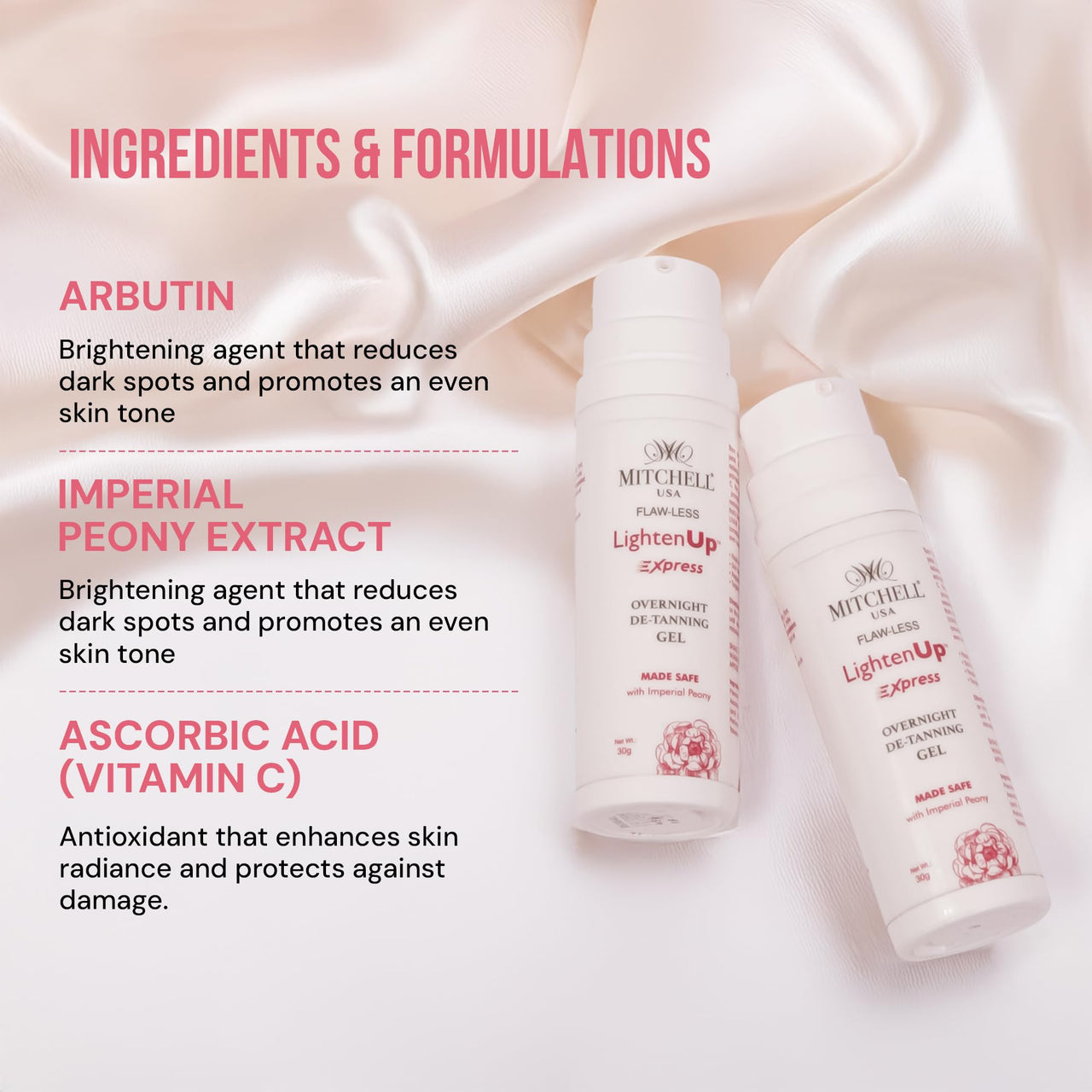 Mitchell USA Flaw-Less LightenUp Express Overnight De-Tanning Gel | Hydrating & Nourishing | Targets Dark Spots, Pigmentation & Winter Tanning | Made Safe with Imperial Peony (30g)