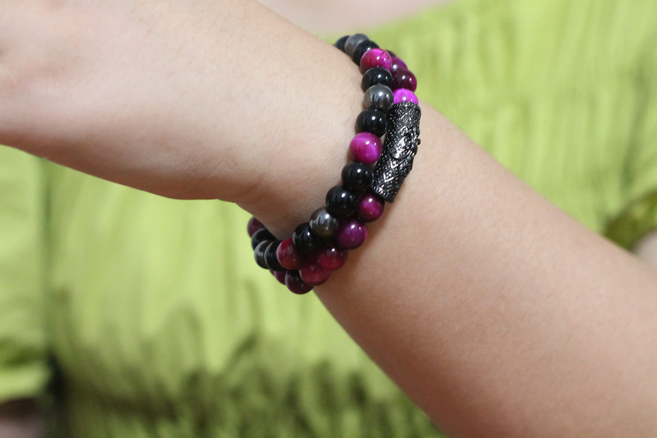 2Pcs Triple Protection Bracelet,Natural Tigers Eye Black Obsidian and Hematite 8 MM Beads Bracelet for Men Women Gift, Healing Crystal Bracelet Bring Luck and Prosperity and Happiness (Rose Red) Rose Red