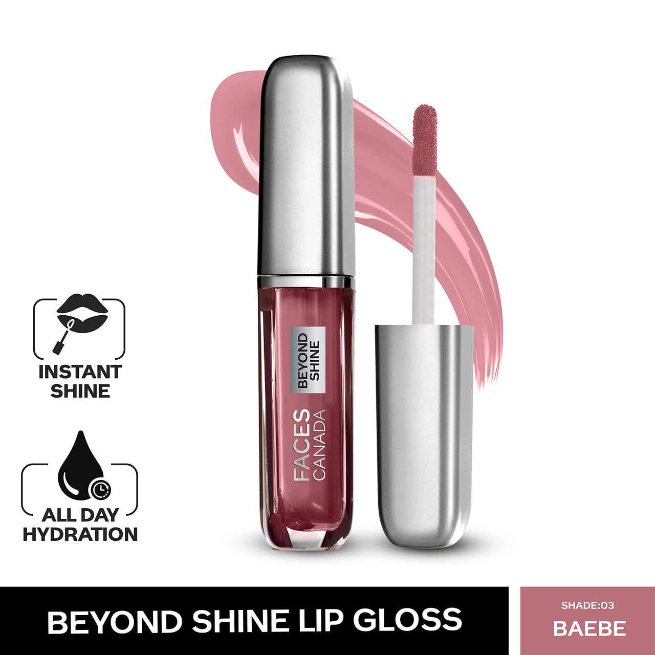 FACESCANADA Lip Gloss Baebe 03 (Glossy) & FACES CANADA Magneteyes Kajal - Black, 0.35g | 24 Hr Long Stay | One Stroke Smooth Glide | Waterproof, Smudgeproof & Fadeproof | Deep Matte Finish