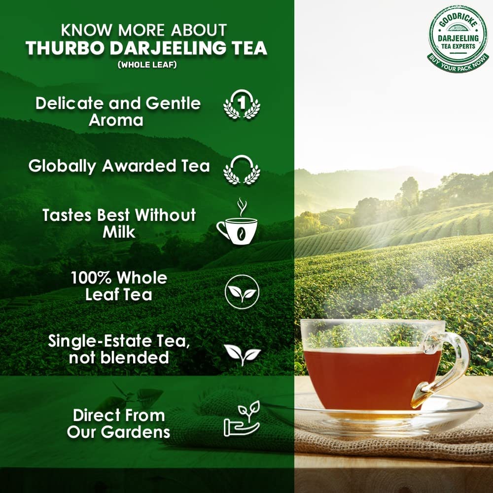 GOODRICKE Thurbo Darjeeling Tea - 250Gm(Pack Of 1)| 100% Pure & Original Single Estate Whole Leaf Tea | Premium Black Long Loose Tea Leaves With Rich Taste