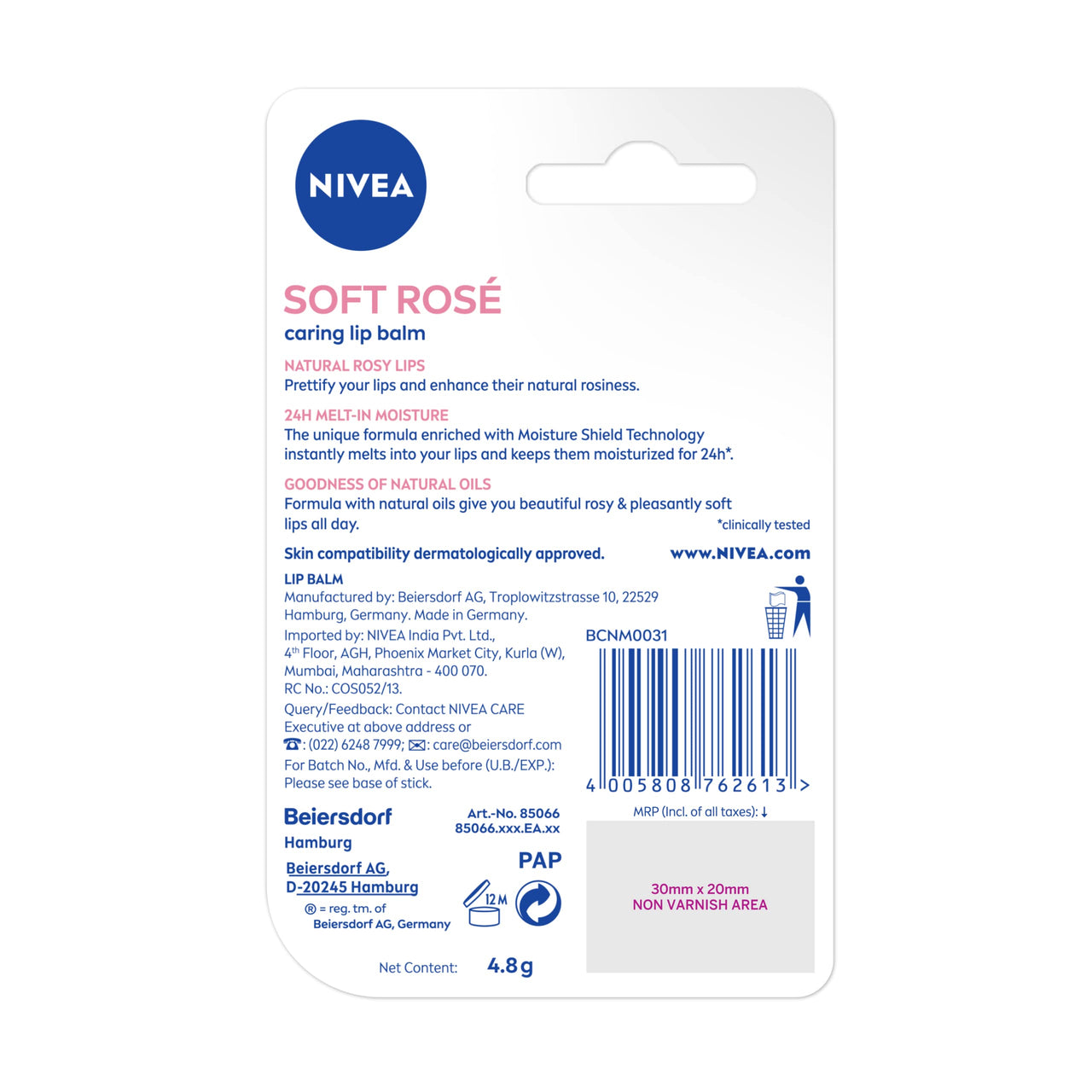 NIVEA Soft Rose Shine 4.8g Lip Balm|24 H Melt in Moisture Formula|Natural Oils|Glossy Finish,4.8 g (Pack of 1)