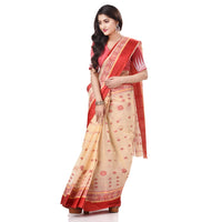 dB DESH BIDESH Women`s Traditional Bengal Phulkoli Woven Design Pure Handloom Cotton Saree Without Blouse Piece White Red