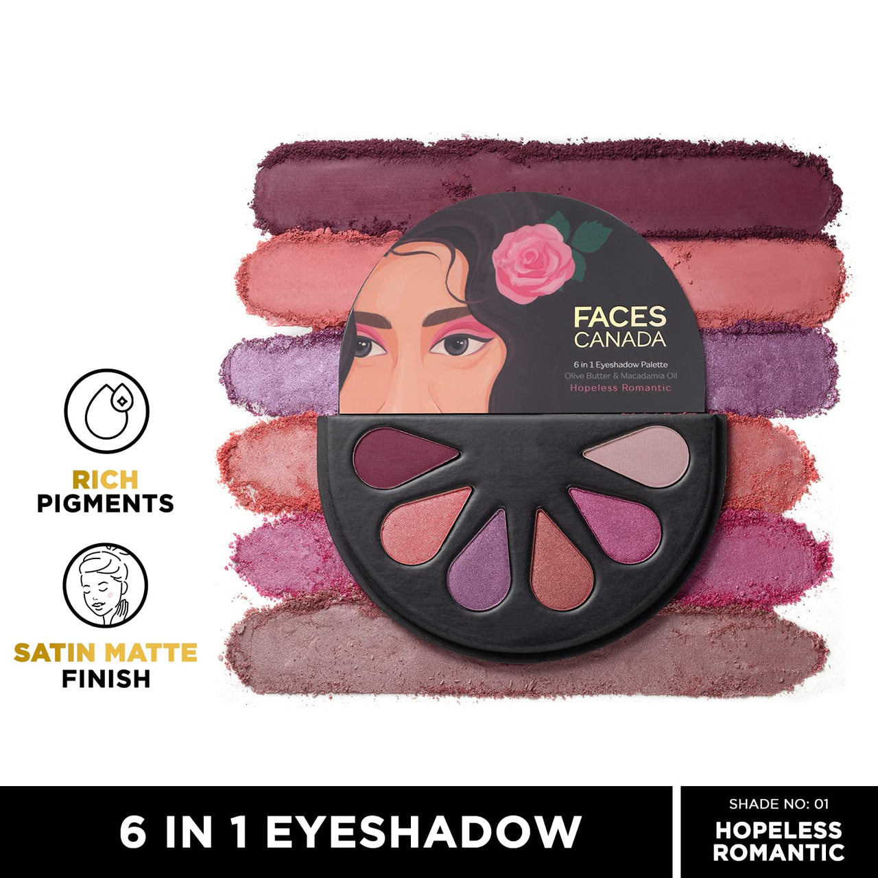 FACESCANADA 6 in 1 Eyeshadow Palette - Hopeless Romantic 01, 6g | Olive Butter & Macadamia Oil | Vibrant Colors | Highly Pigmented | Easily Blendable | Silky Satin Texture | No Crease | Cruelty-Free