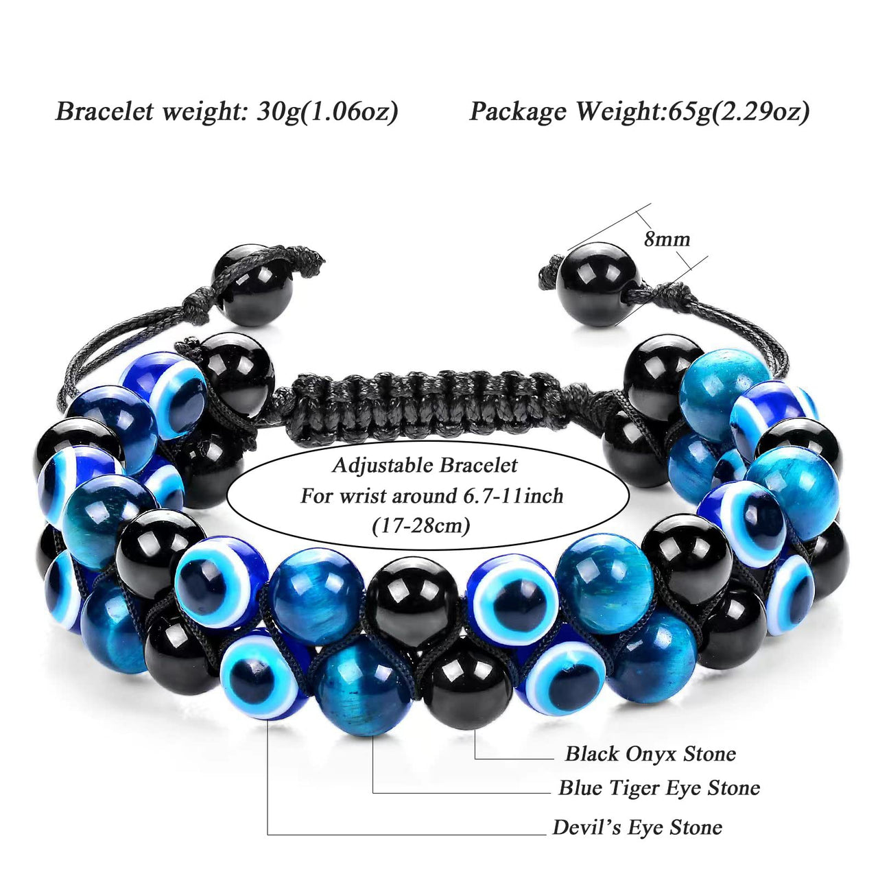 Triple Protection Bracelet 8MM Blue Tiger Eye Evil Eye Black Onyx Stone Bracelet Healing Crystal Natural Stone Beads Bracelet for Men Women Bring Prosperity Luck 8mm Blue Tiger Eye/Demon's  Eye/Black Onyx