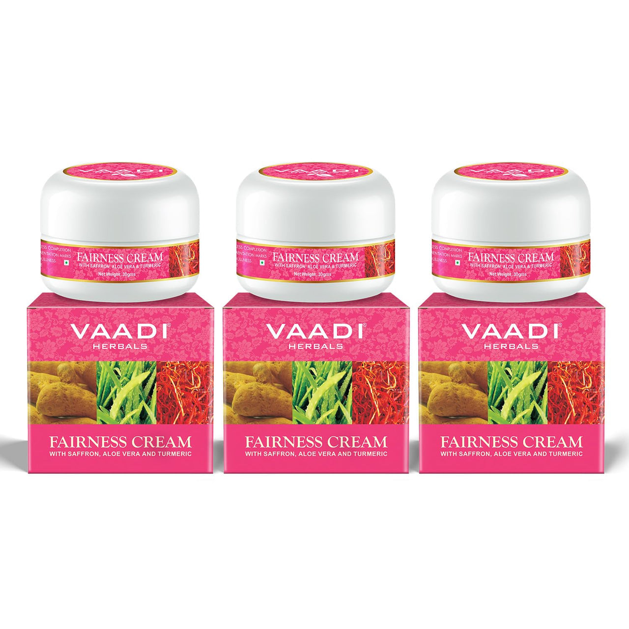 Vaadi Herbals Fairness Cream, Saffron Aloe Vera and Turmeric Extracts, 30g x 3