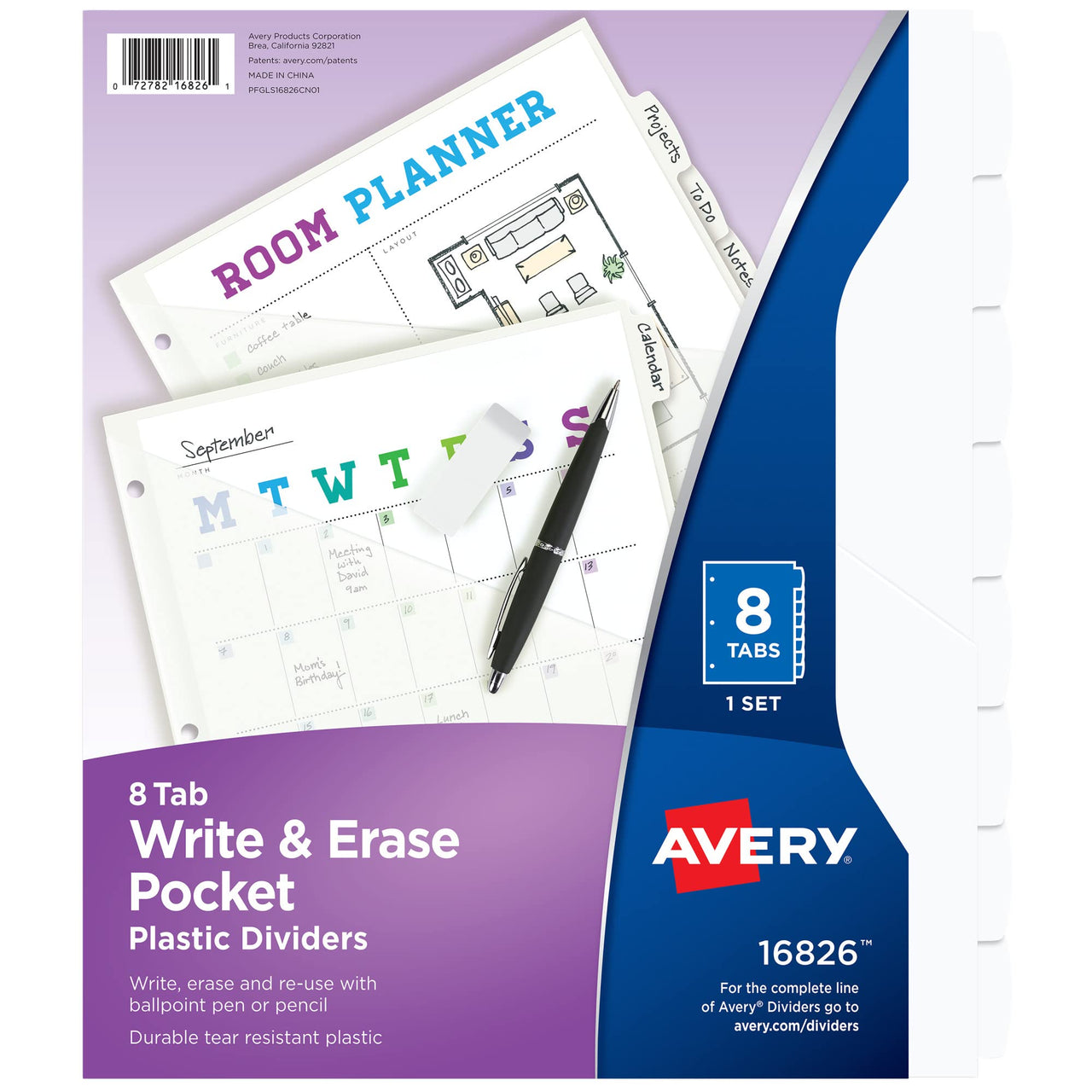 Avery Durable Plastic 8 Tab Write & Erase Dividers for 3 Ring Binders, Slash Pocket, Translucent White, Works with Sheet Protectors, 1 Set (16826) 1 pack