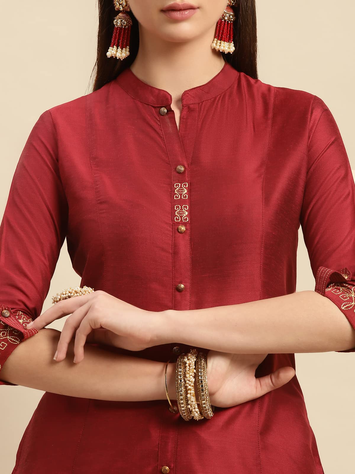 rangita Women Solid Embroidered Calf Length A Line Kurti with Sleeves Tabs