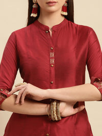 rangita Women Solid Embroidered Calf Length A Line Kurti with Sleeves Tabs