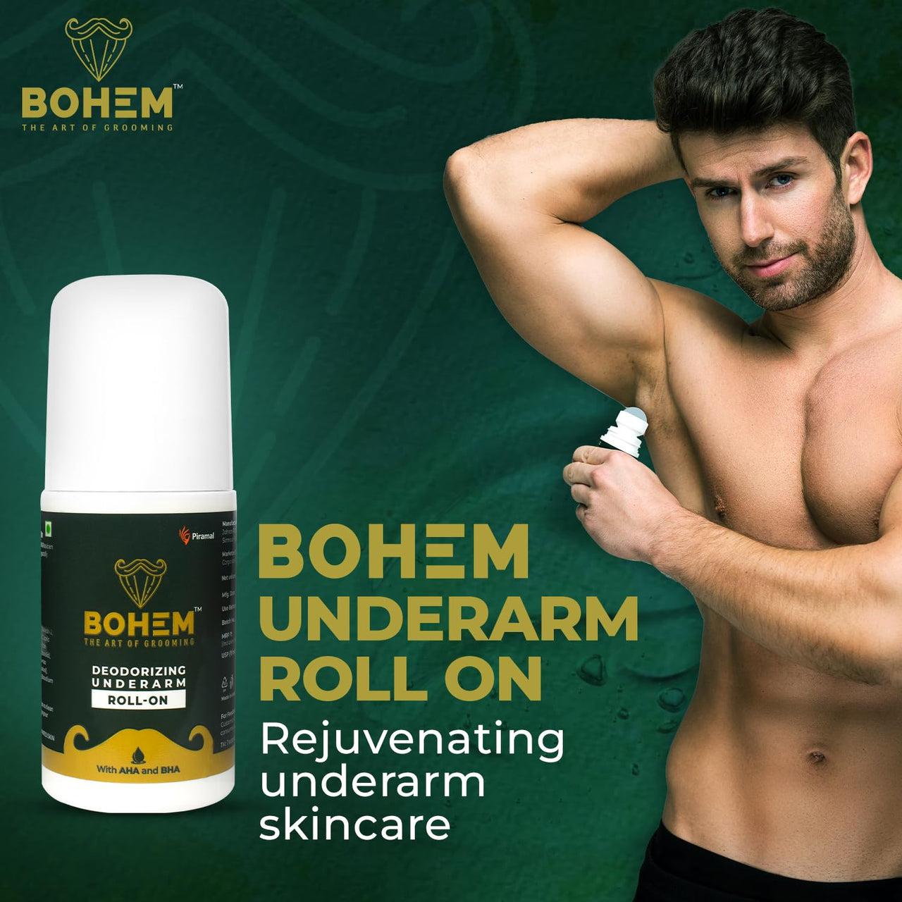 BOHEM Deodorant Underarm Roll-On with AHA & BHA-50ml each - Pack of 2 | Anti perspirant Roll On With Lactic Acid & Salicylic Acid | Long lasting freshness, exfoliate & brightens underarm | Dermatologically tested | No SLS