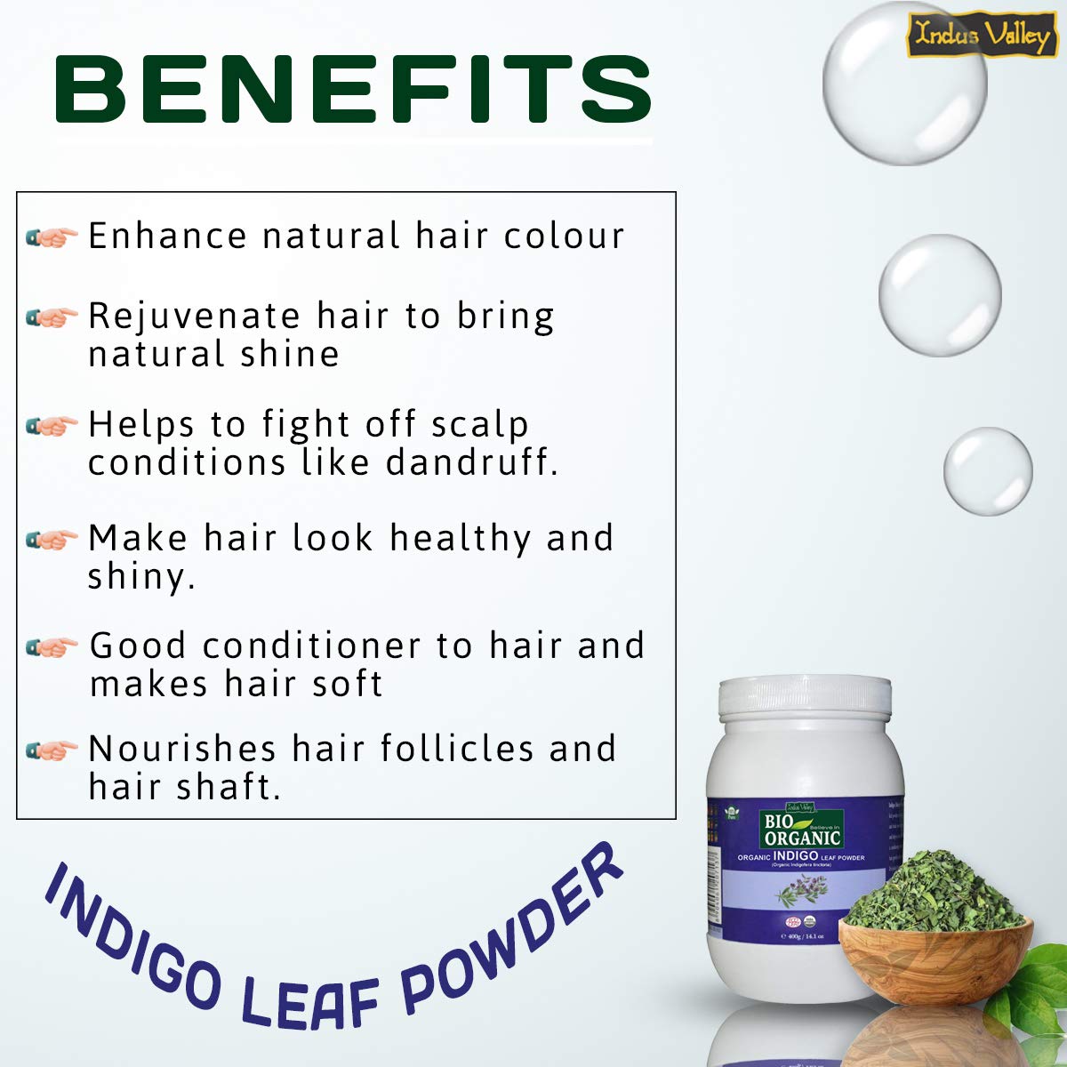 INDUS VALLEY 100% Organic Indigo Leaf Powder Jar with Henna Leaf Powder Jar - (400g+500g=900g)