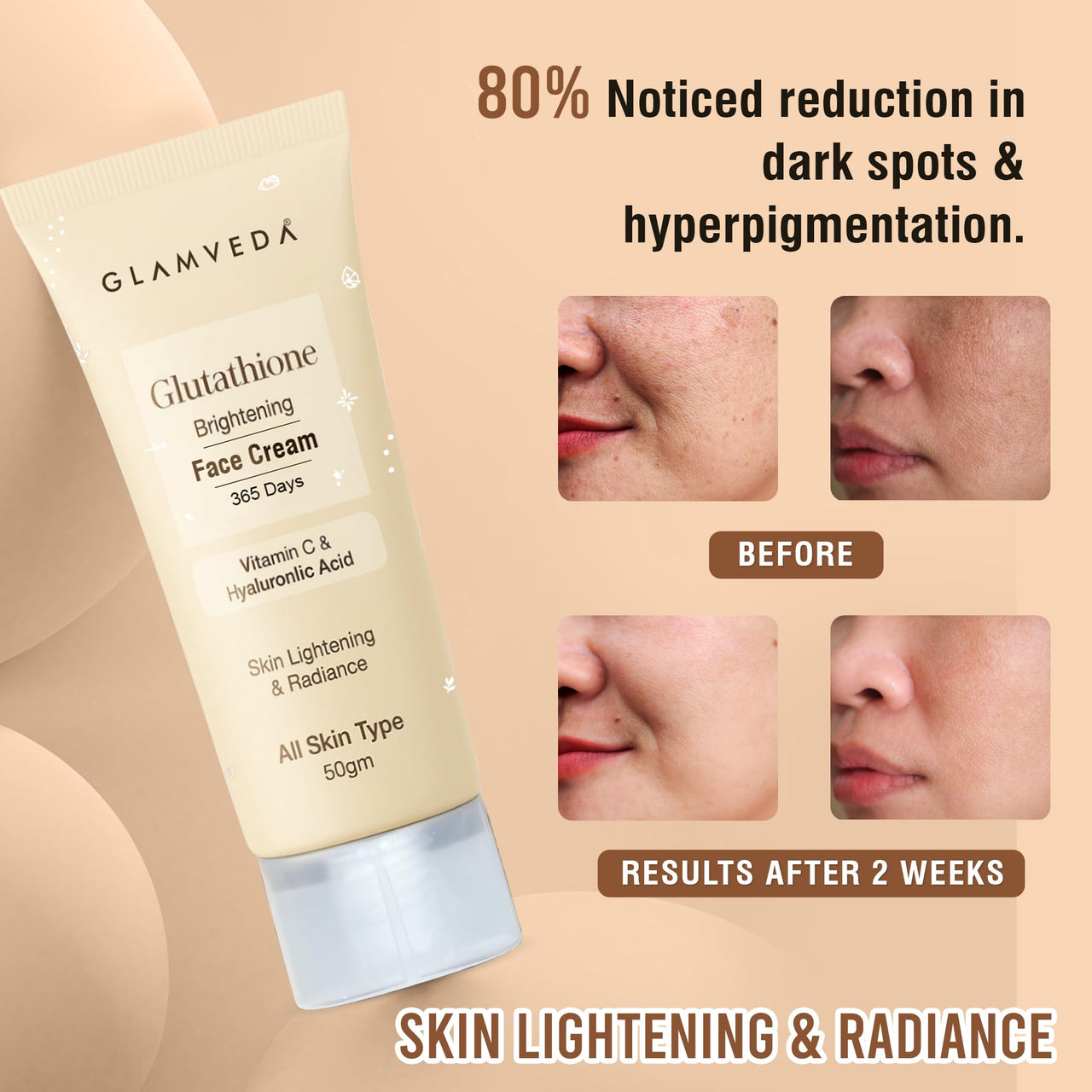 Glamveda Glutathione Face Cream For Glowing Skin | Brighter, Hydrated | Reduces Dark Spots, Pigmentation | with Vitamin C & Hyaluronic Acid | Skin Brightening Cream For Women | All Skin Type 50g