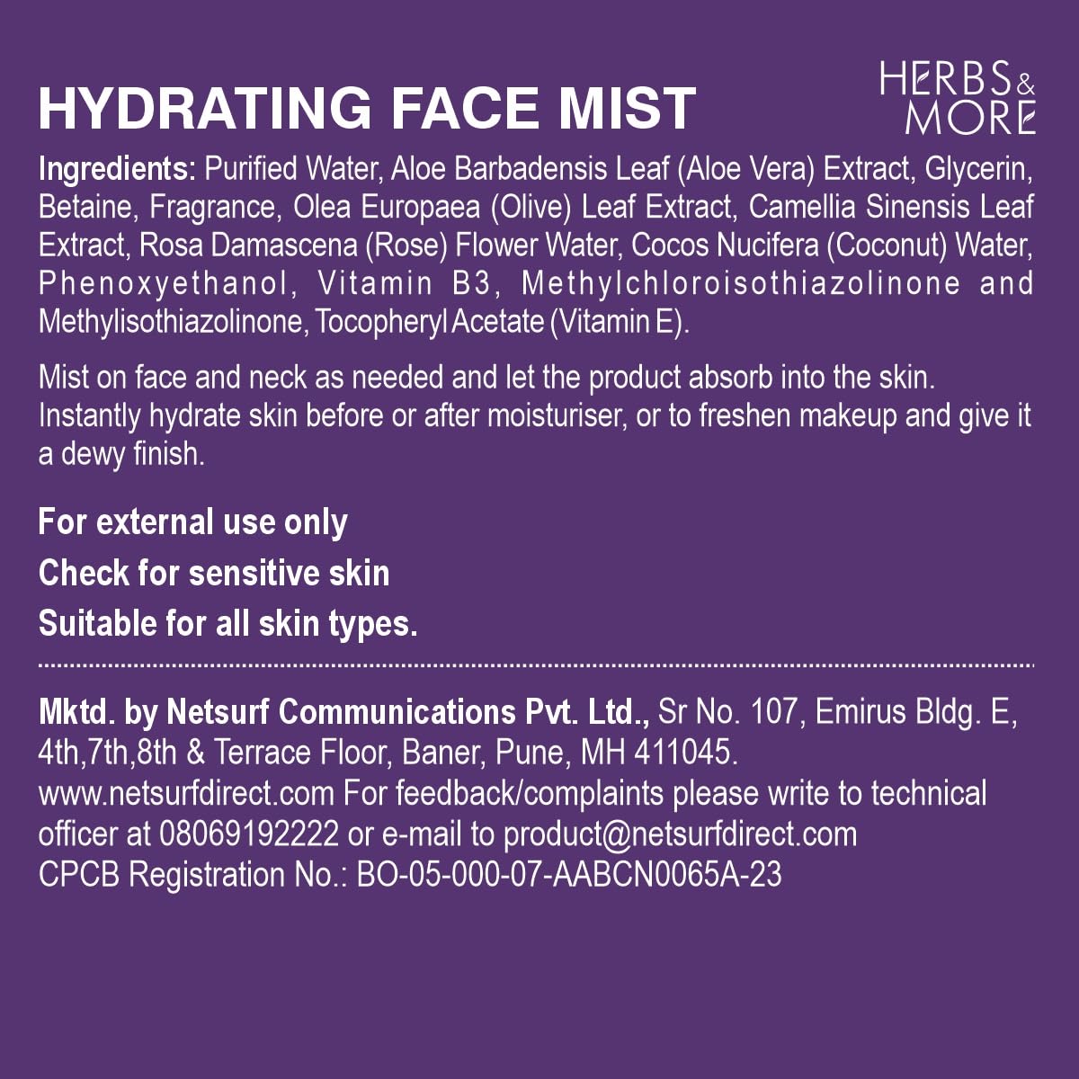 HERBS & MORE Face Mist | Hydrating & Refreshing Facial Spray | Moisturizing, Toning & Revitalizing | Soothes Skin & Enhances Glow | Suitable for All Skin Types, 100ml, Pack 1