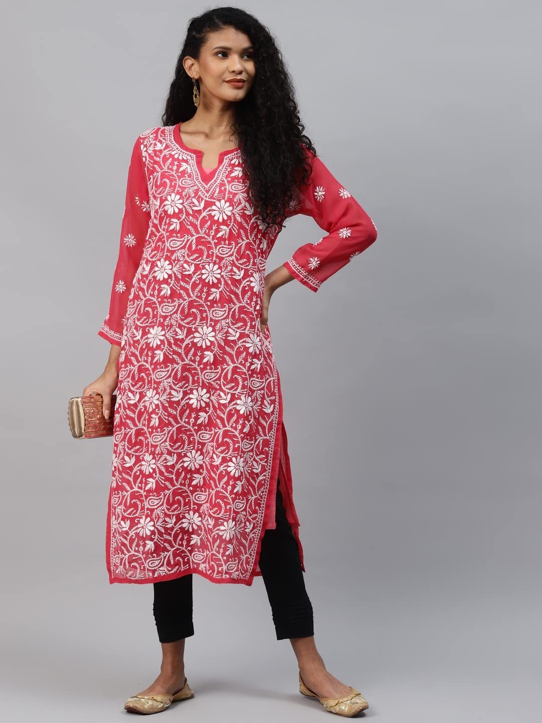 Ada Lucknowi Hand Embroidered Traditional Chikankari Georgette Kurta Kurti with Slip for Women
