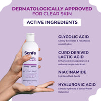 Sanfe Clear & Confident Glycolic Acid Body Lotion | Daily AHA Exfoliation for Rough & Bumpy Skin, Tan, Acne & Strawberry Skin | Niacinnamide, Lactic Acid SALICYLIC ACID 1% W/w | Smooth Skin from 1st Use | 200ml