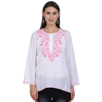 Paramount Women's  Chikankari Cotton White Straight Short Kurta Navy XS