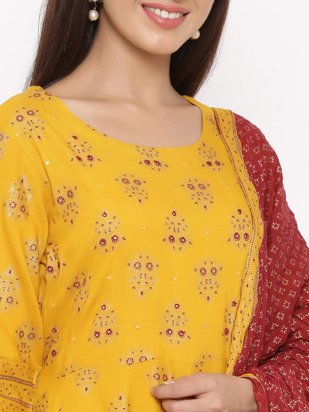 KIPEK Women's  Rayon Round Neck Anarkali Kurta with Dupatta in Mustrad Yellow Color Latest Kurti Designed for Casual Function wear Comfy and Smooth in Any Occasions