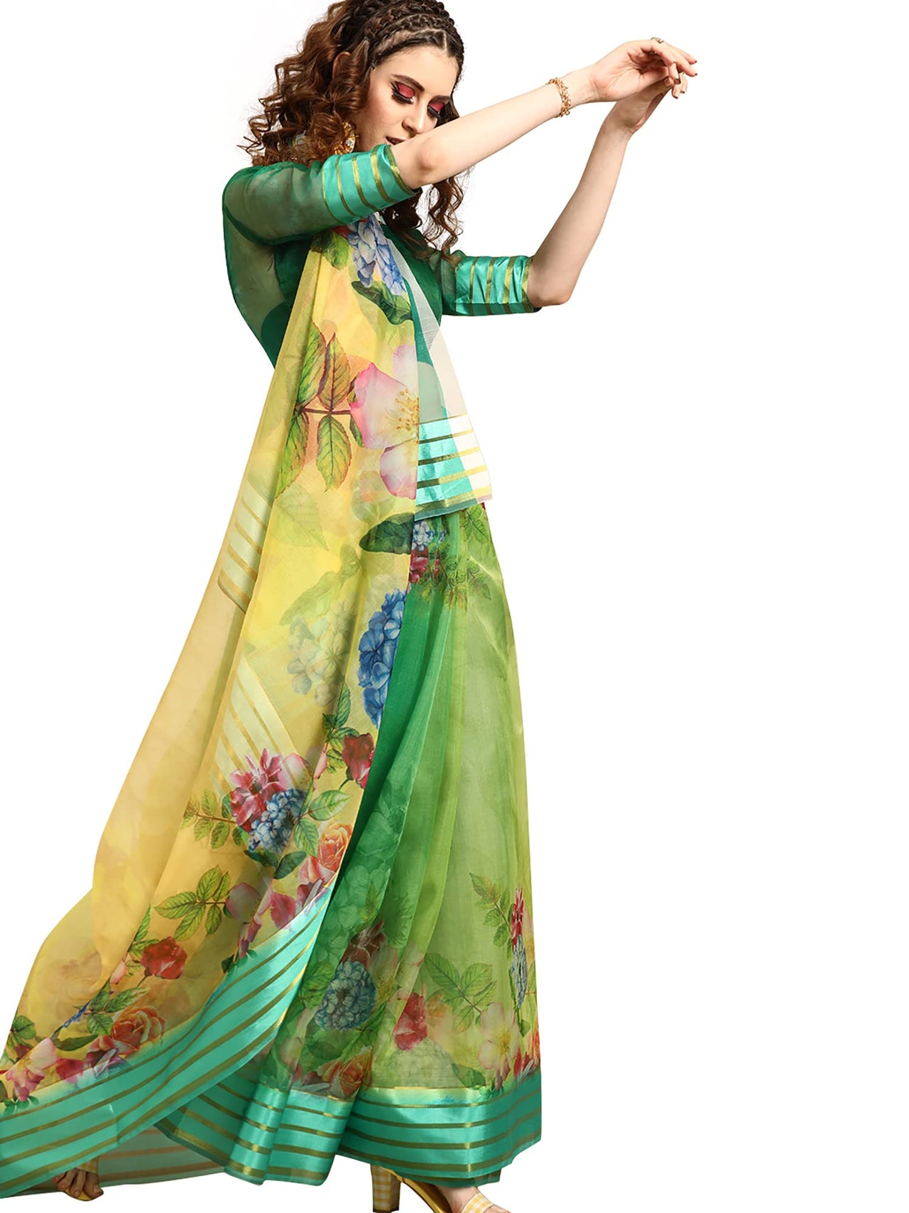 AKHILAM Women's  Knit Floral Printed Organza Saree with Unstitched Blouse Piece (FF0SAGE10_Parent)