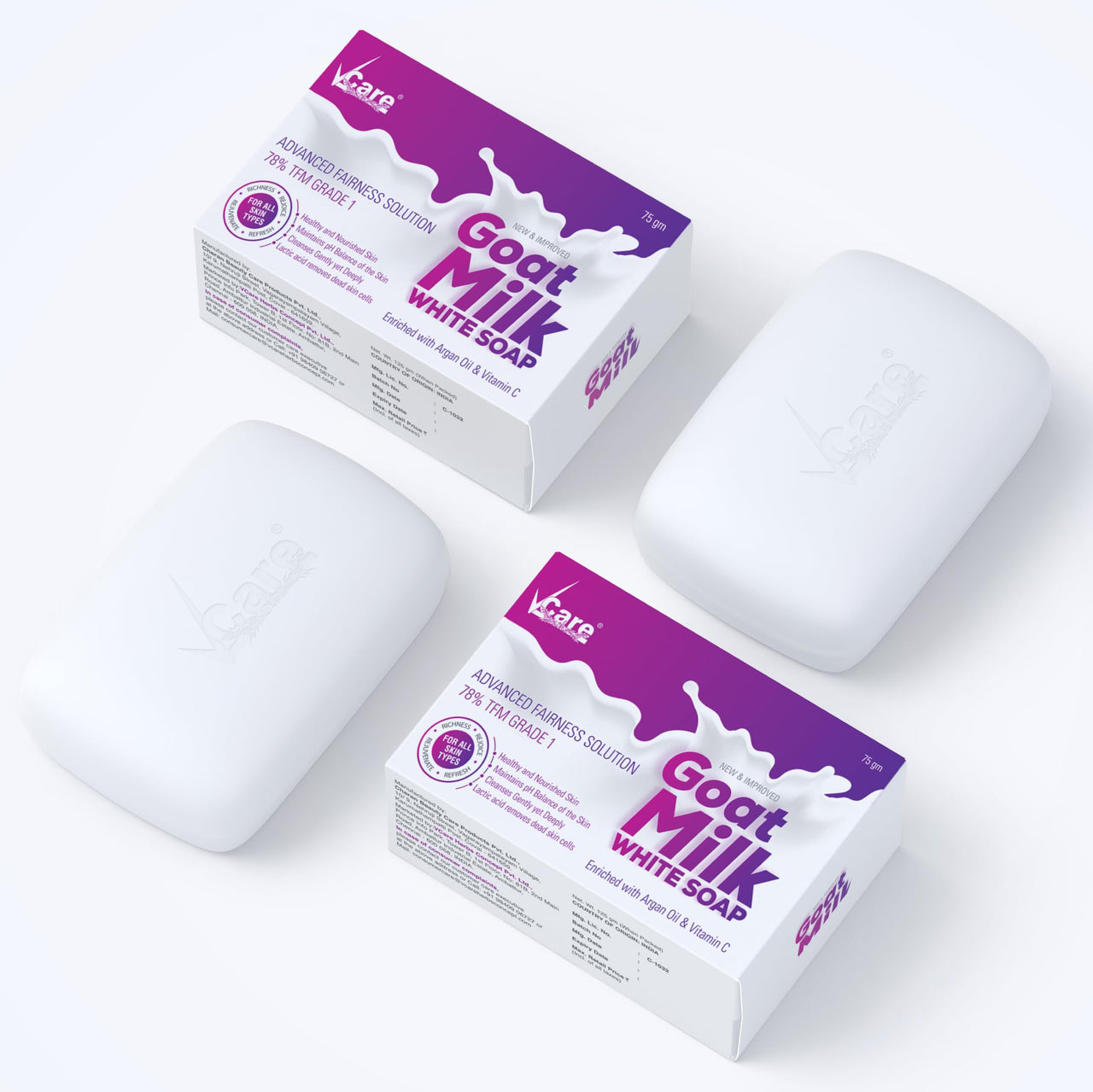 VCare Goat Milk Soap For Women & Men with Vitamin C Argan Oil for Deep Exfoliation and provides hydration | Sulfate & Paraben Free Bathing Soap Bar - 75 gms (Pack of 5)