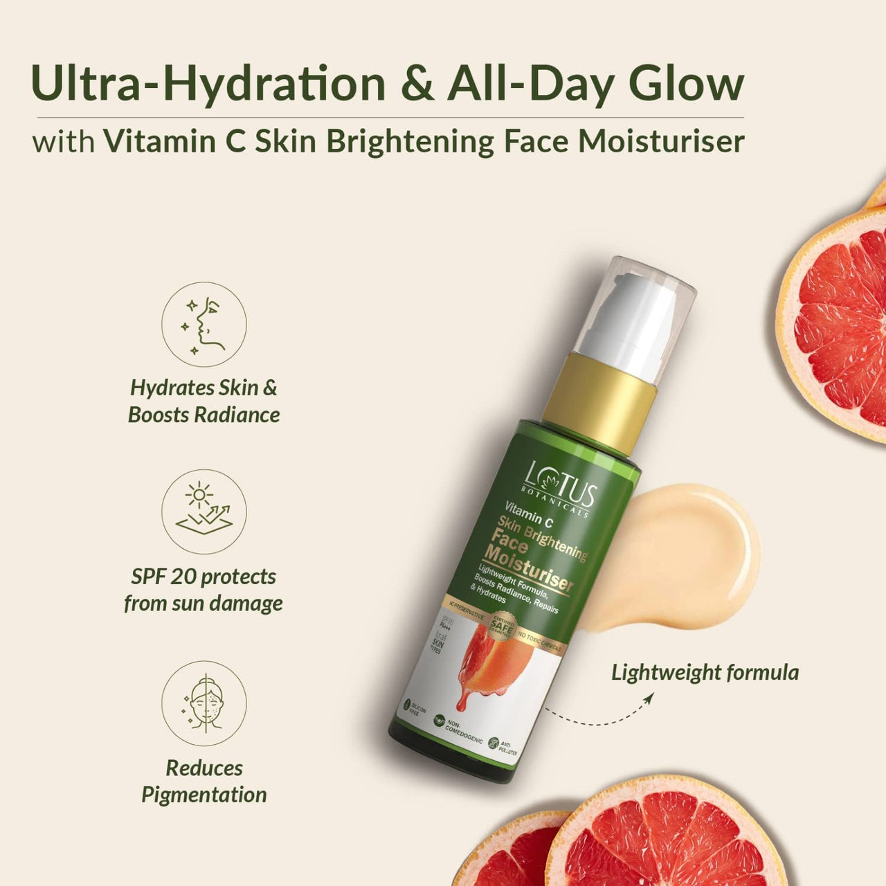 Lotus Botanicals Skin Brightening Face Moisturiser | Vitamin C | SPF 20 | PA+++ | Sulphate, Silicon & Chemical Free Face Cream | All Skin Types | 45g