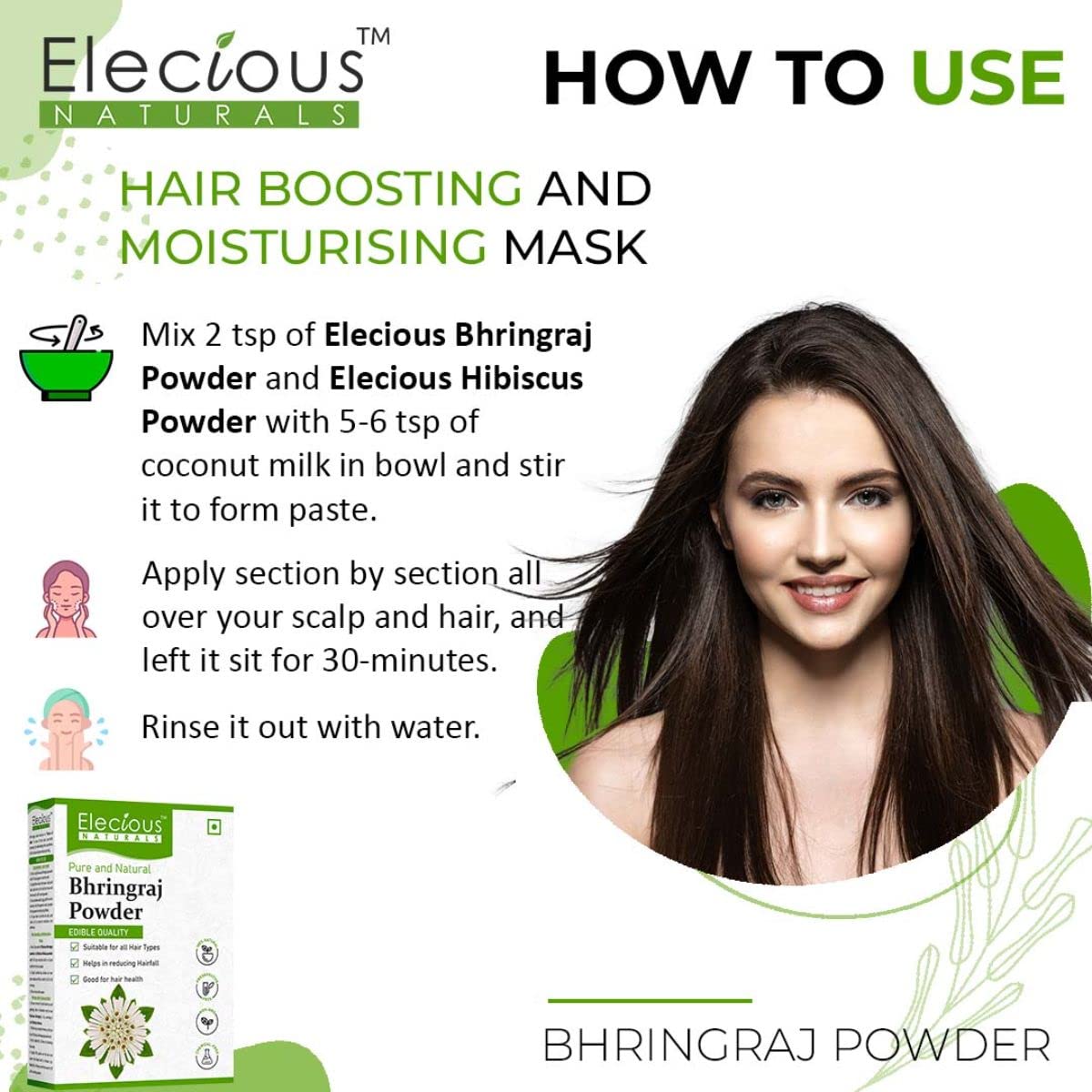 Elecious Pure Bhringraj Powder for hair growth (200 Grams) and Eating | Edible | Ideal for Hair pack, Hair oil and oral consumption | 100% Natural, Preservative free
