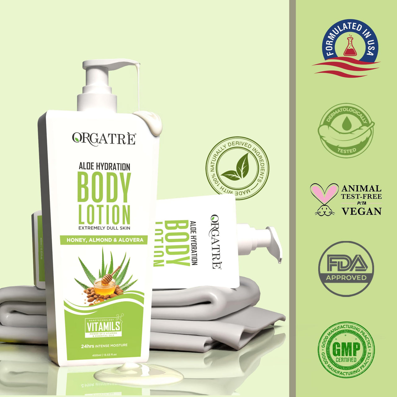 Orgatre Aloe Hydration Body Lotion with Honey, Almond & Alovera | Deep Moisturizing for Dry Skin | For Men & Women | Soothes, Protects & Revitalizes | 24-Hour Intense Hydration - 400ml