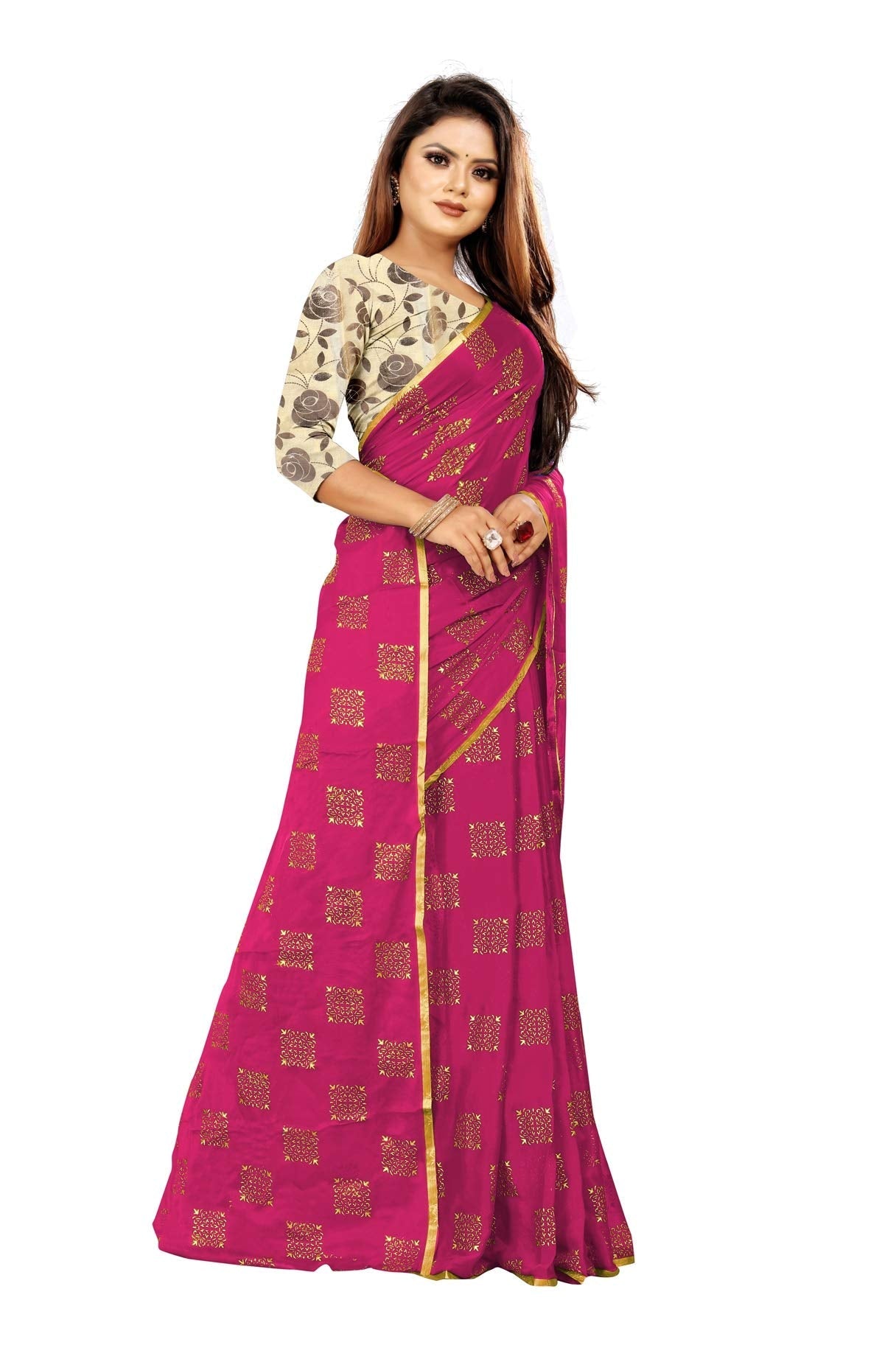 Rhey Women Foil Print Work Chiffon Saree With Blouse Piece
