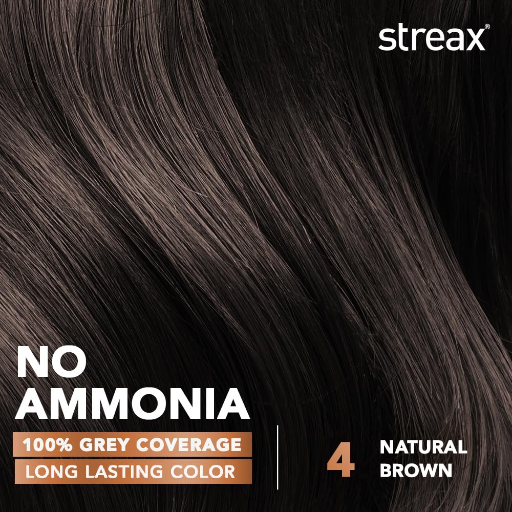 Streax Cr?me Permanent Hair Colour - 4 Natural Brown Hair Color- 140 Ml, 100% Grey Coverage, Ammonia Free Hair Color, Long Lasting,Colourant Tube : 60G,Developer Bottle : 60 Ml,Conditioner : 20G