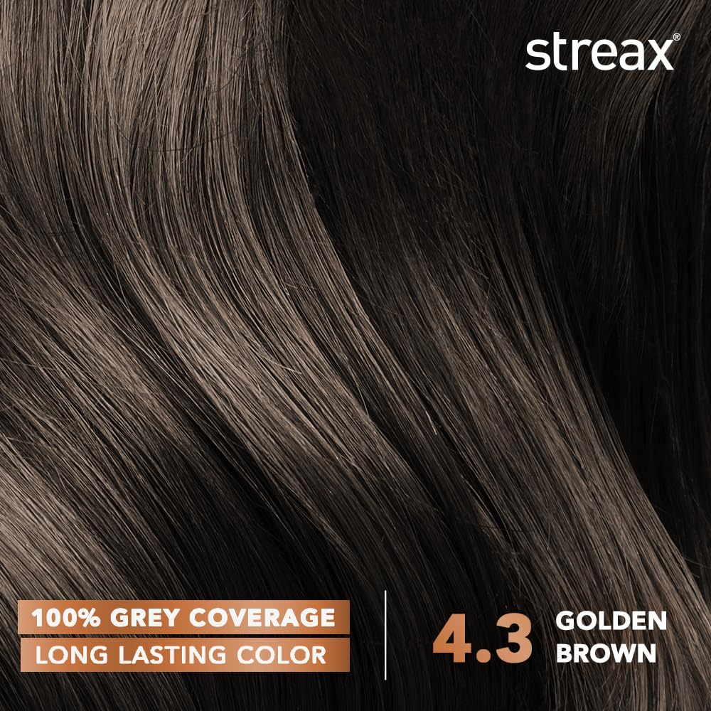 Streax Permanent Hair Colour, 100% Grey coverage, Infused with Argan and Walnut Oil, Long Lasting Cream Hair Colour for Women, Brown Hair Colour, 4.3 Golden Brown, 120 ml, Pack of 1