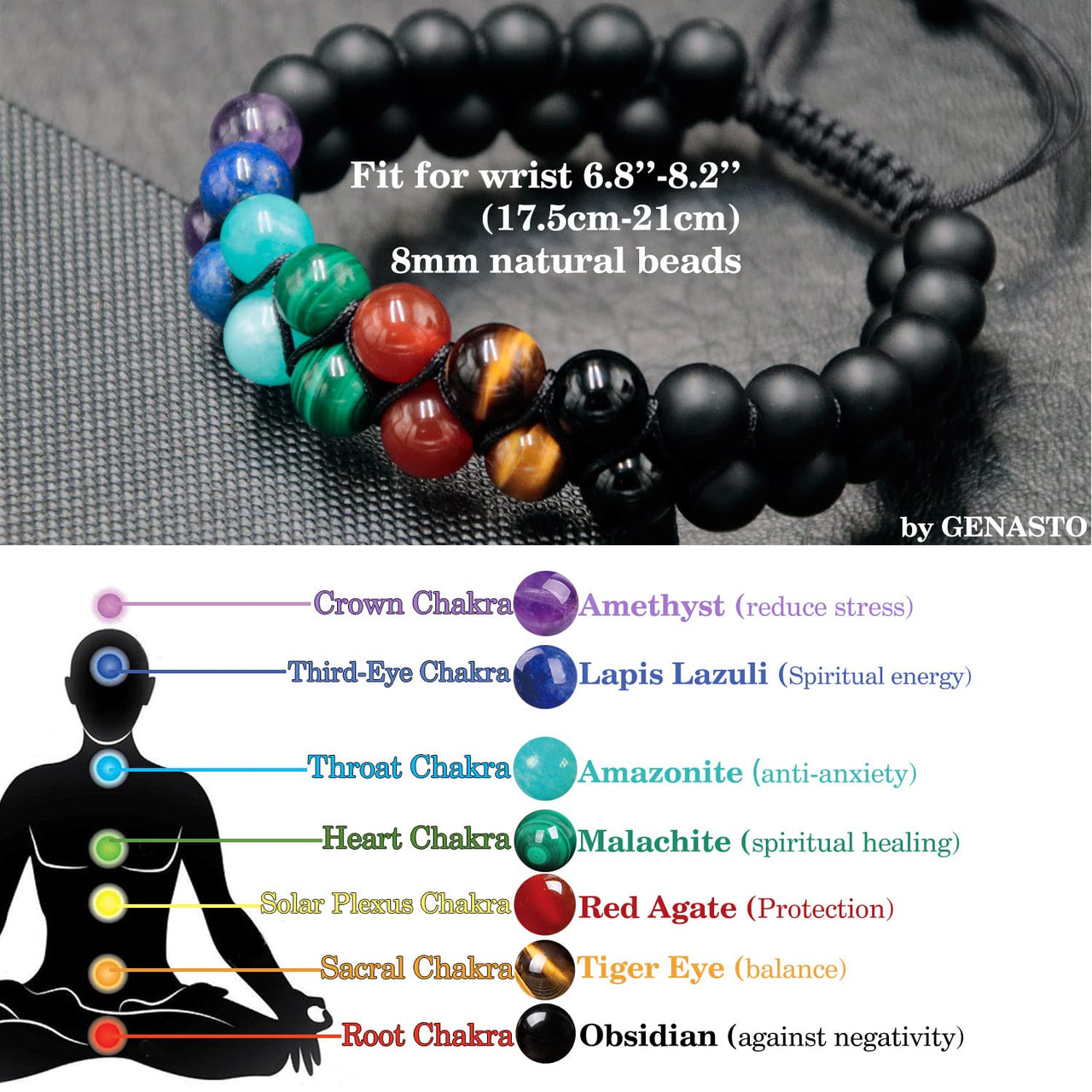Mens Crystal Bracelet, GENASTO 7 Chakra Bracelet with Real Stones Tigers Eye Obsidan Amethyst Malachite Amazonite Lapis Lazuli Red Agate Beads Bracelets for Multi Healing Protection Balance