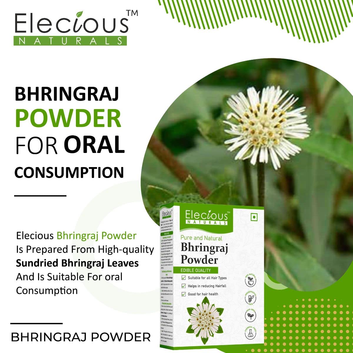 Elecious Pure Bhringraj Powder for hair growth (200 Grams) and Eating | Edible | Ideal for Hair pack, Hair oil and oral consumption | 100% Natural, Preservative free