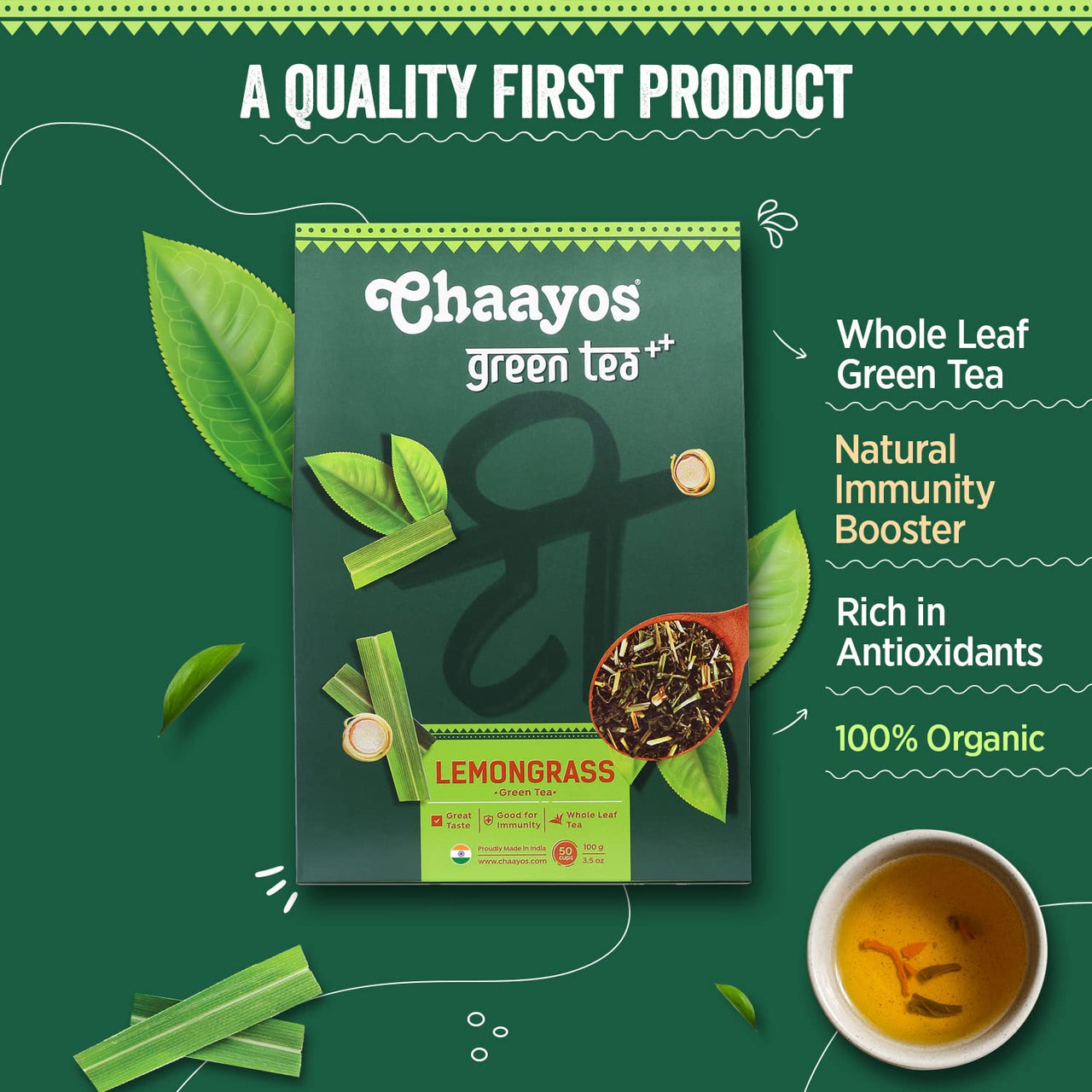Chaayos Lemongrass Green Tea | Lemongrass Tea | Whole Leaf Loose Tea | Immunity Boosting - 100 grams [50 Cups] | Antioxidant Green Tea | Green Tea