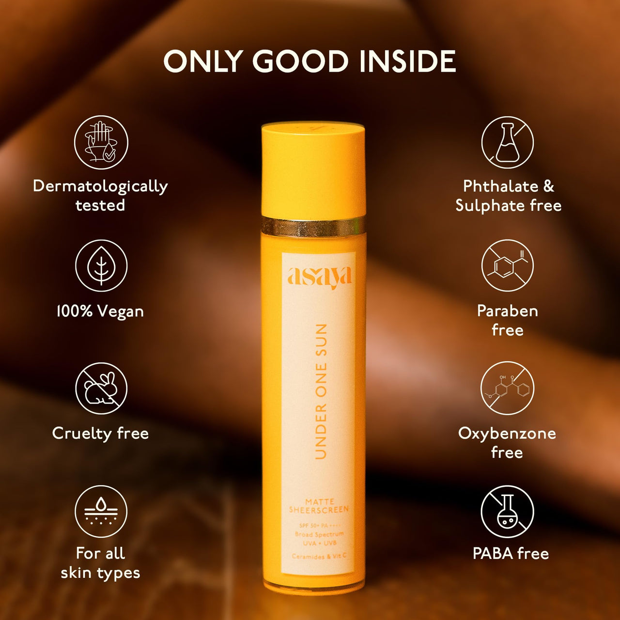 Asaya Matte Sunscreen SPF 50+ PA+++ | With Ceramides & Vitamin C | Broad Spectrum UVA + UVB Protection | No White Cast & Waterproof | Lightweight, Non-Greasy & Quick Absorbing | Controls Oil & Brightens Skin | For Face & Body | Paraben-Free | For Men & Wo