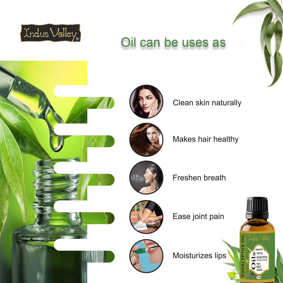Indus Valley 100% Pure Natural & Organic, Undiluted Eucalyptus Essential Oil with Glass Dropper for Skin, Hair Care -15ml