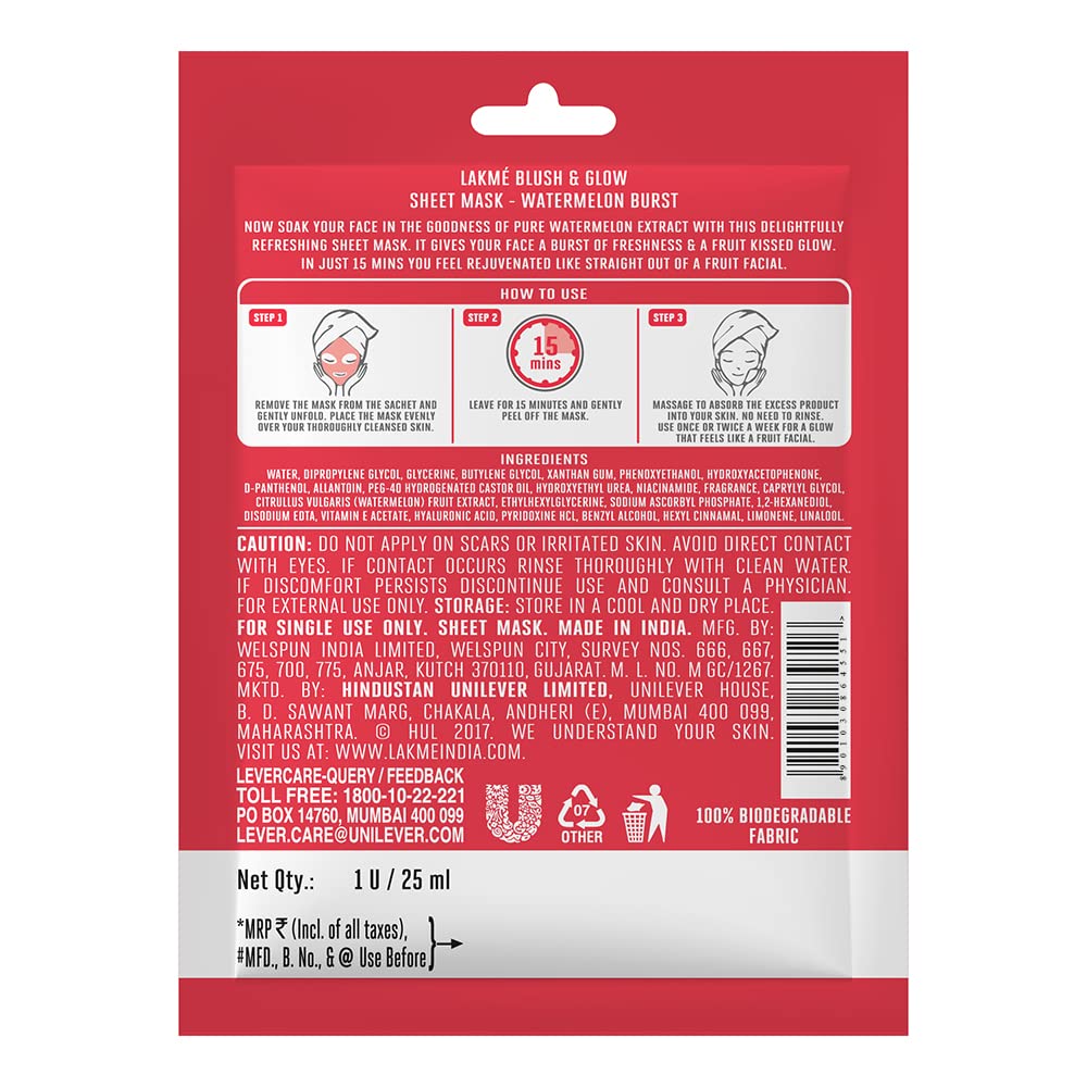 Lakmé Blush & Glow Watermelon Sheet Mask, 25 Ml