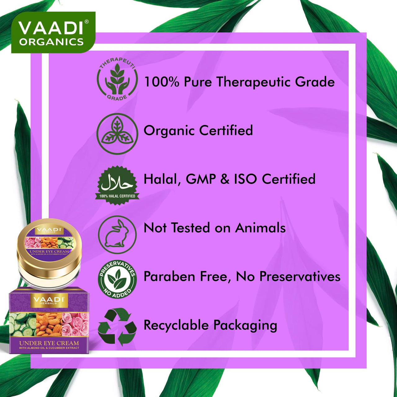 Vaadi Herbals Under Eye Cream, Almond Oil and Cucumber Extract, 30g x 3