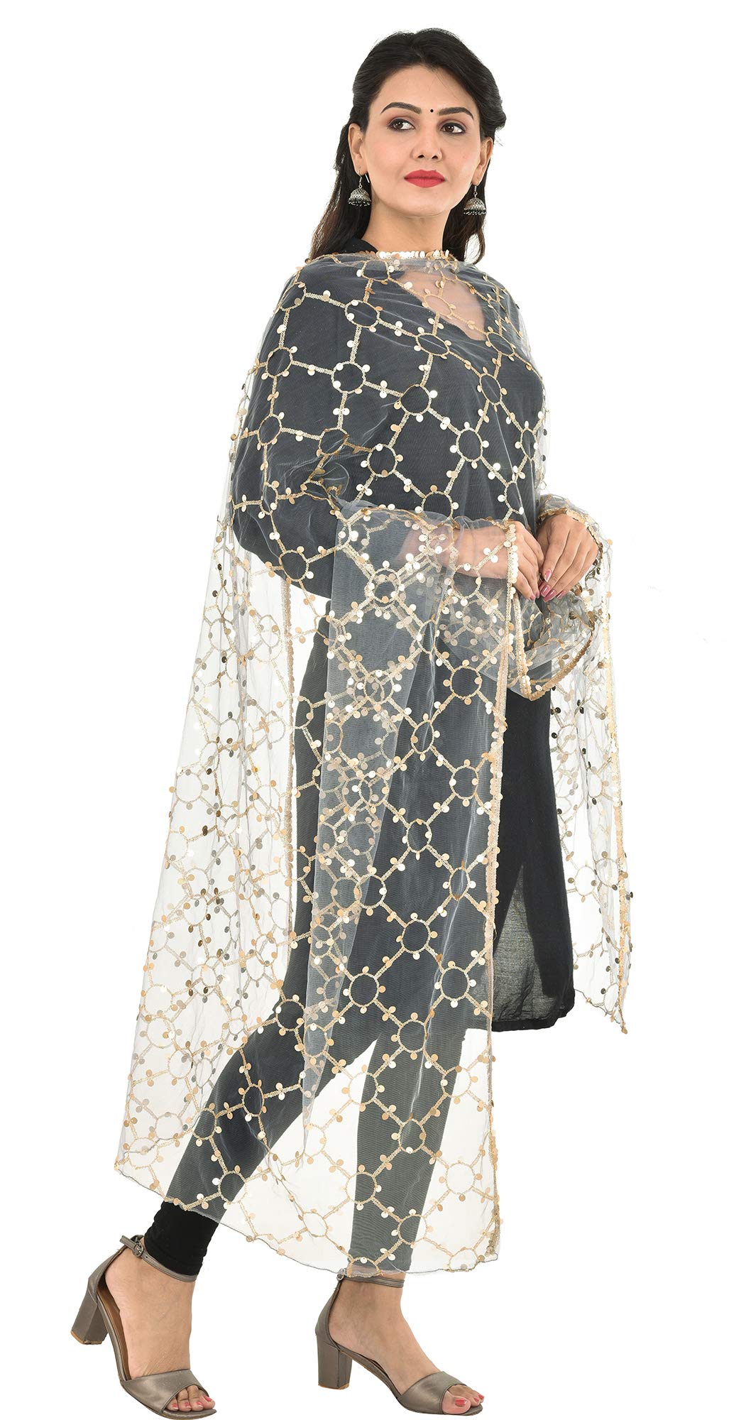 YOUTHQUAKE Heavy Embellished Plastic Mirror Net Dupatta for Womens & Girls