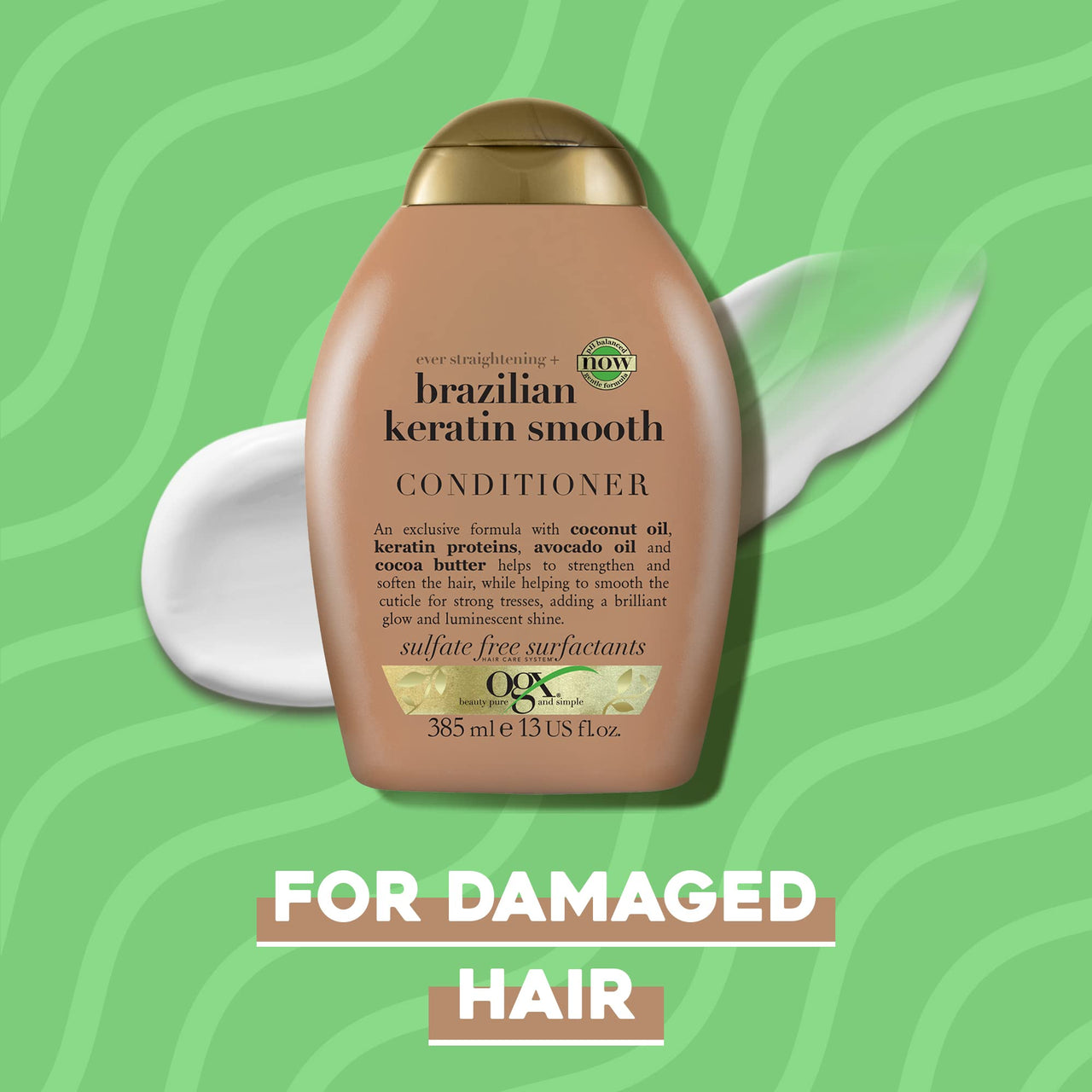 OGX Ever Straightening + Brazilian Keratin Therapy Hair-Smoothing Conditioner With Coconut Oil, Cocoa Butter & Avocado Oil, Paraben-Free, Sulfate-Free Surfactants, 385 Millilitre