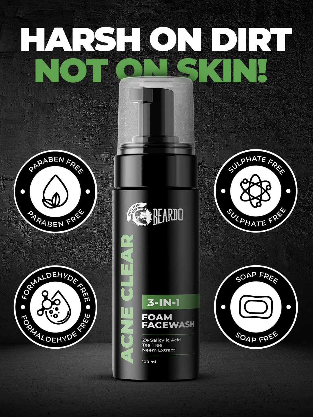 Beardo Acne Clear Foam Face Wash, 100ml | 3-in-1 Face Wash for Acne and Pimples | Anti Acne Face Wash for Men | 2% Salicylic Acid for Acne Prone Skin