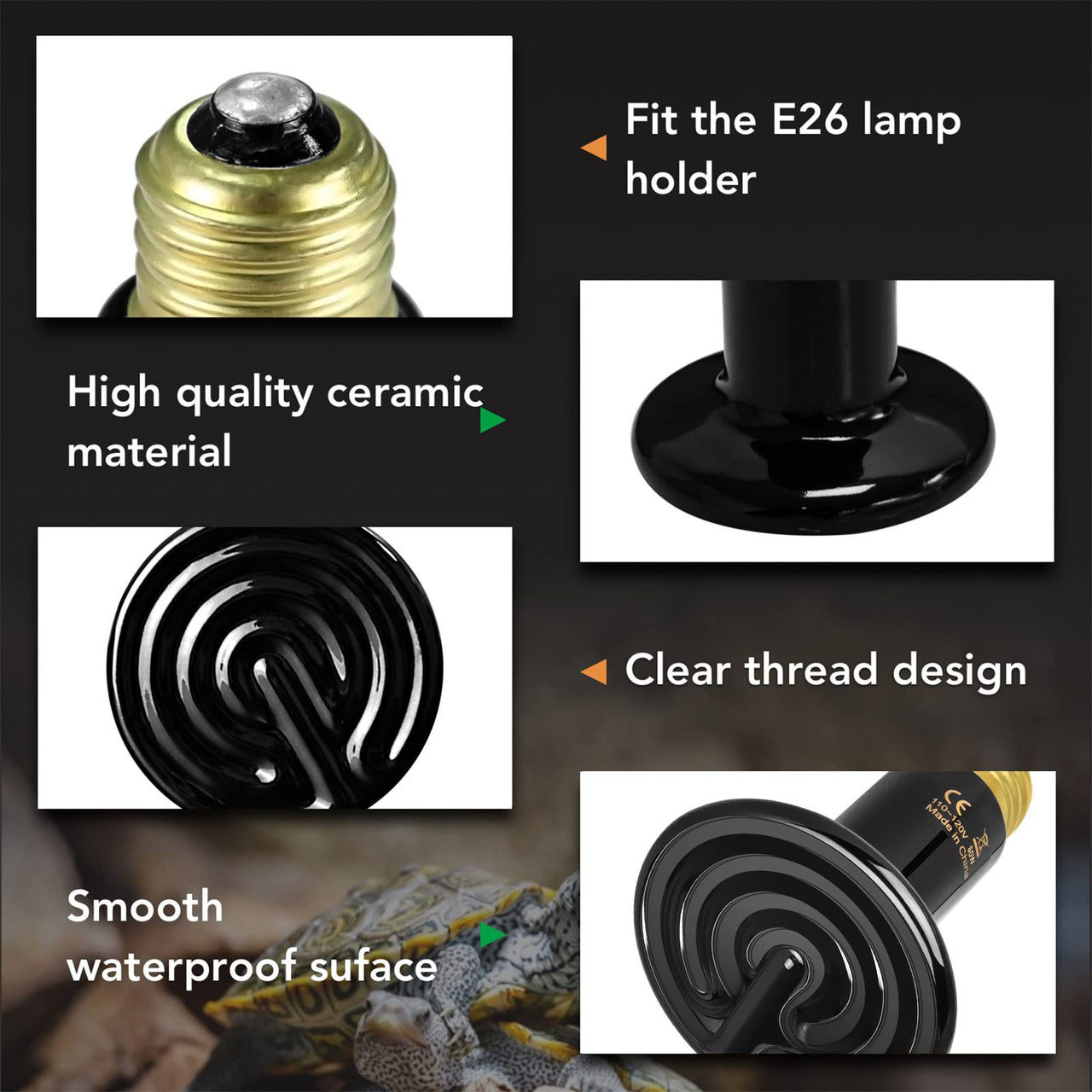 Simple Deluxe 25W/40W/50W/60W/100W/150W Ceramic Heat Emitter Reptile Heat Lamp Bulb No Light Emitting Brooder Coop Heater for Amphibian Pet & Incubating Chicken, Black/2 Pack, 60W 60 Watts