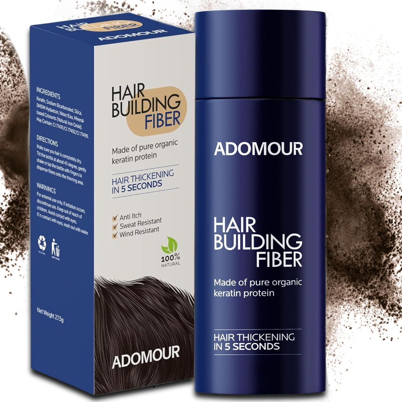 Adomour Hair Building Fiber 27.5g | Keratin Fibers for Thin, Fine & Thinning Hairs | Natural Coverage | For Thickening & Volumizing | Bald Spot Cover Up Hair Fiber Powder for Men & Women (Dark Brown)